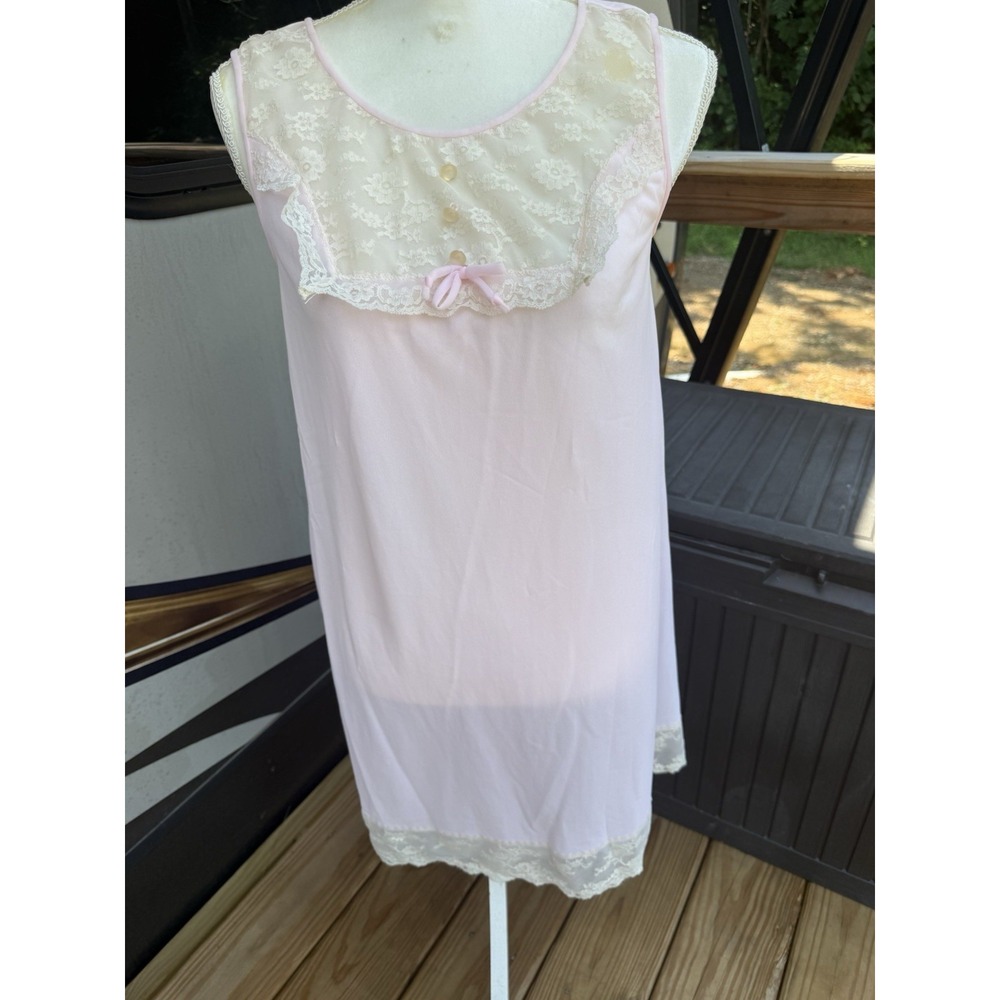 Vintage Gilead Lace Nightgown Pink Sheer Frilly Bow Lace Made in USA Sz M